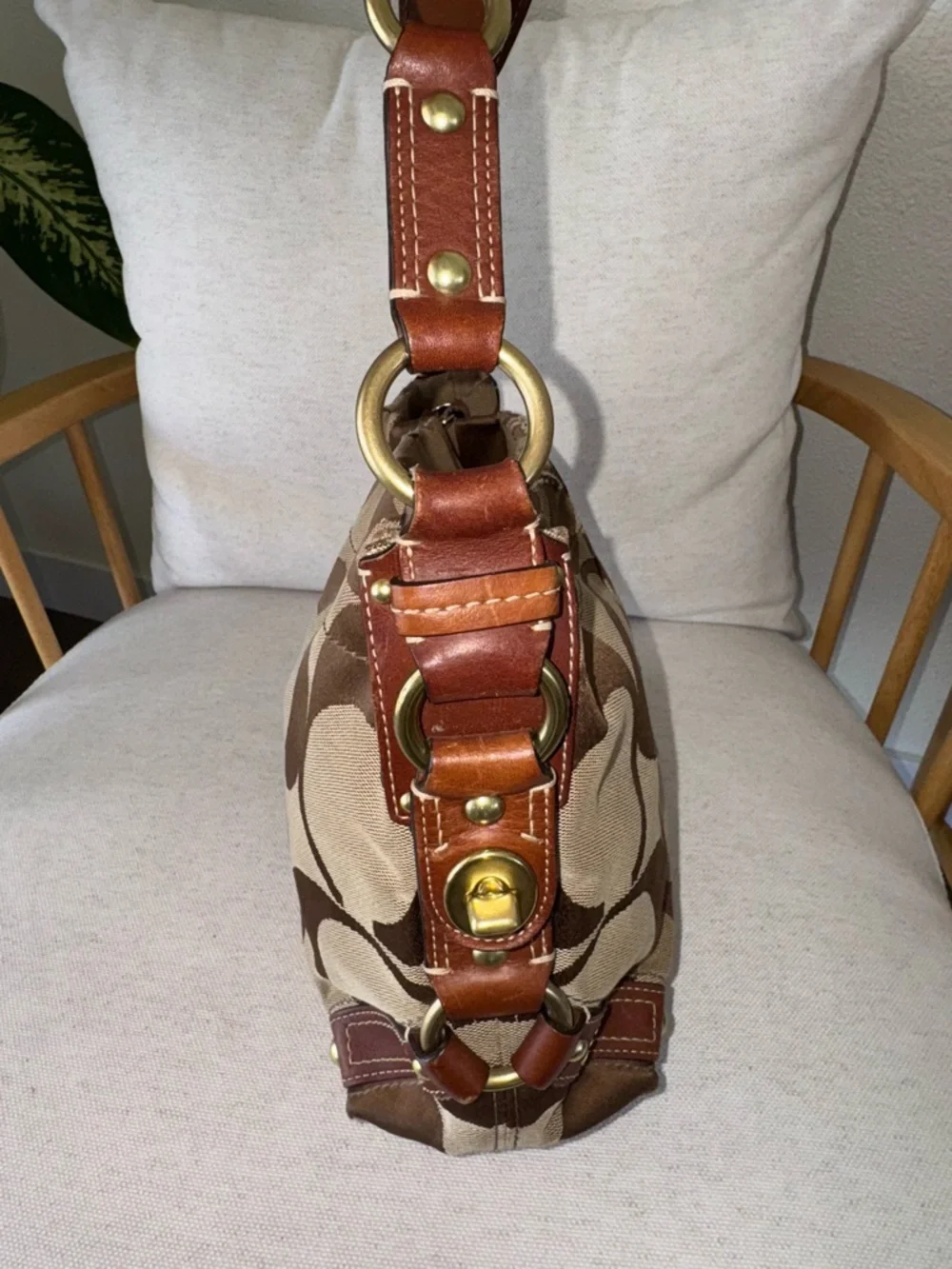 Coach Y2K Vintage Signature Carly Canvas Brown Tan Hobo Shoulder HandBag #10619